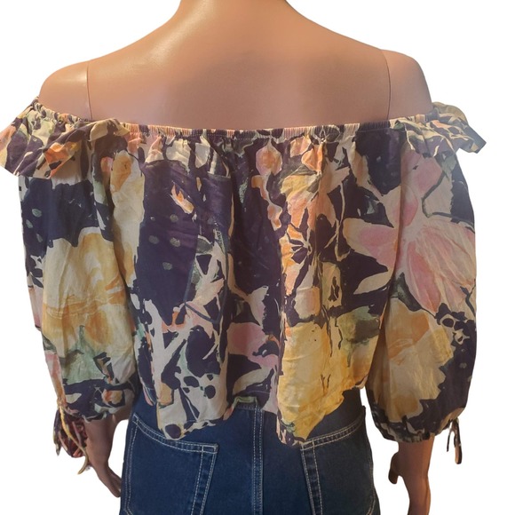 Free People Size S Shasta Boho Blue Floral Short Off Shoulder TOP ONLY - Picture 5 of 10